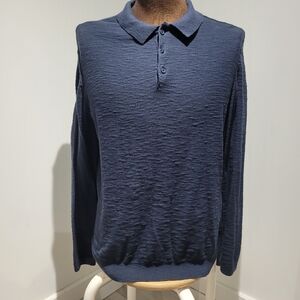 Hedge Men's Textured Cotton Long Sleeve Collared Polo Shirt Medium Blue Normcore